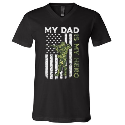 Dad is My HeroArmy Dad Fathers Day and 4th of July Funny V-Neck T-Shirt