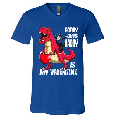 Daddy Is My Valentines Day Cat Riding Dinosaur Gift V-Neck T-Shirt