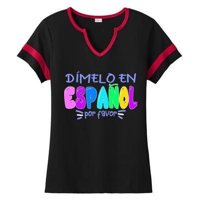 Dimelo En Espanol Bilingual Spanish Teacher Ladies Halftime Notch Neck Tee