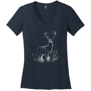 Deer In Nature Realistic Women's V-Neck T-Shirt