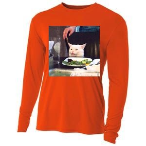 Dinner Table Cat Meme Funny Internet Yelling Cooling Performance Long Sleeve Crew