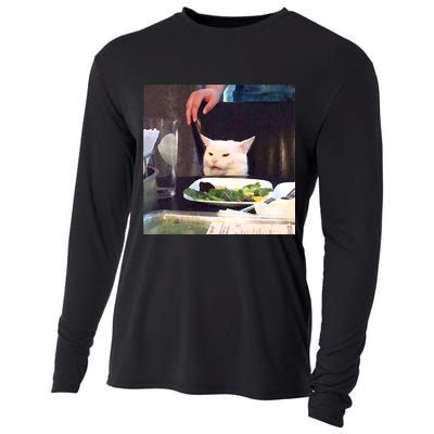 Dinner Table Cat Meme Funny Internet Yelling Cooling Performance Long Sleeve Crew