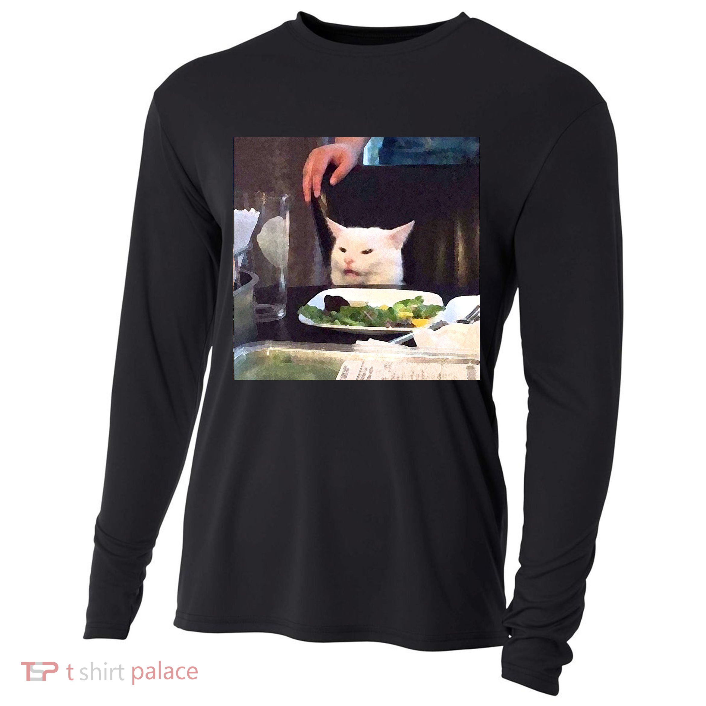 Dinner Table Cat Meme Funny Internet Yelling Cooling Performance Long Sleeve Crew