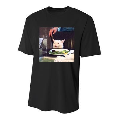 Dinner Table Cat Meme Funny Internet Yelling Youth Performance Sprint T-Shirt