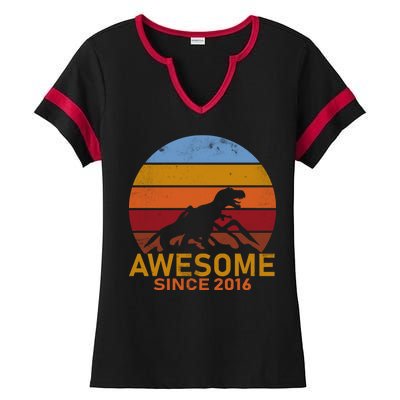 Dinosaur 6th Birthday Gift Awesome Since 2016 Ladies Halftime Notch Neck Tee