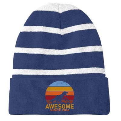 Dinosaur 6th Birthday Gift Awesome Since 2016 Striped Beanie with Solid Band