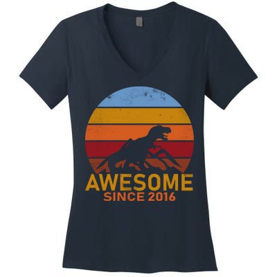 Dinosaur 6th Birthday Gift Awesome Since 2016 Women's V-Neck T-Shirt