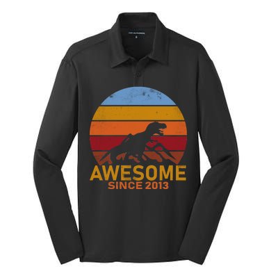 Dinosaur 9th Birthday Gift Awesome Since 2013 Silk Touch Performance Long Sleeve Polo