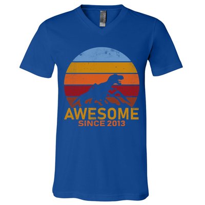 Dinosaur 9th Birthday Gift Awesome Since 2013 V-Neck T-Shirt