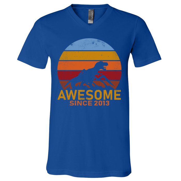 Dinosaur 9th Birthday Gift Awesome Since 2013 V-Neck T-Shirt