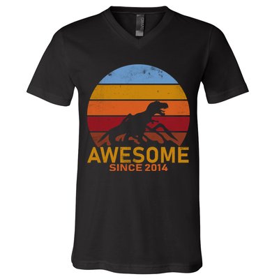 Dinosaur 8th Birthday Gift Awesome Since 2014 V-Neck T-Shirt