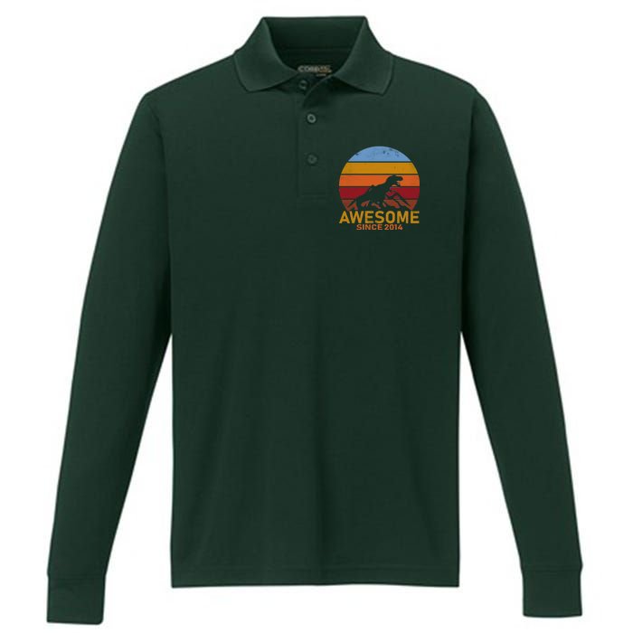 Dinosaur 8th Birthday Gift Awesome Since 2014 Performance Long Sleeve Polo