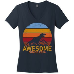 Dinosaur 8th Birthday Gift Awesome Since 2014 Women's V-Neck T-Shirt