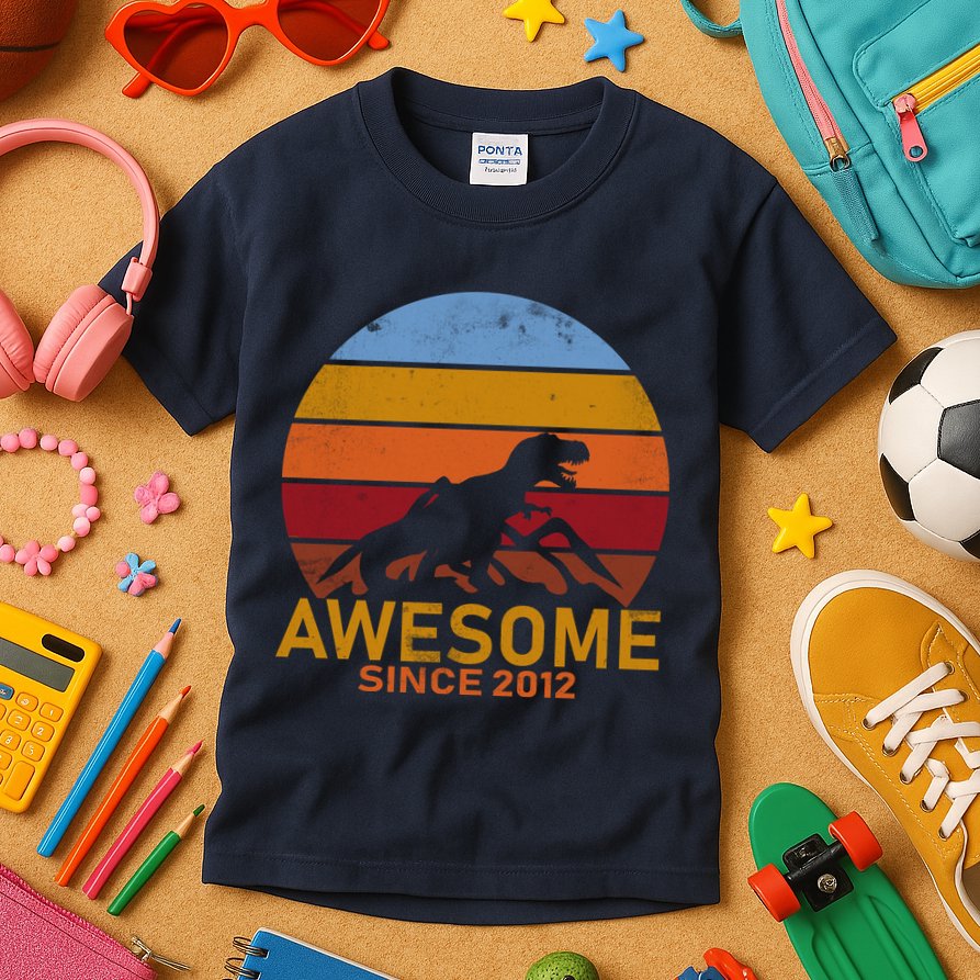 Dinosaur 7th Birthday Gift Awesome Since 2012 Kids T-Shirt