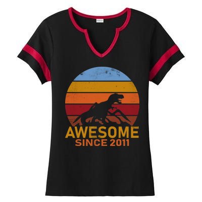 Dinosaur 11th Birthday Gift Awesome Since 2011 Ladies Halftime Notch Neck Tee