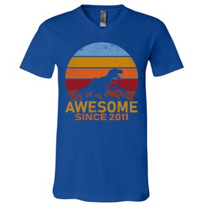 Dinosaur 11th Birthday Gift Awesome Since 2011 V-Neck T-Shirt