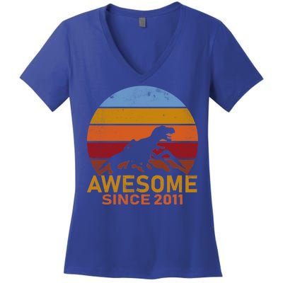 Dinosaur 11th Birthday Gift Awesome Since 2011 Women's V-Neck T-Shirt