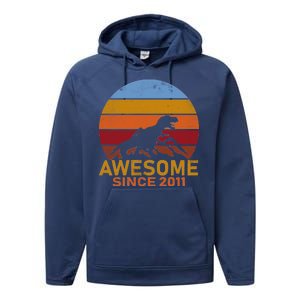 Dinosaur 11th Birthday Gift Awesome Since 2011 Performance Fleece Hoodie