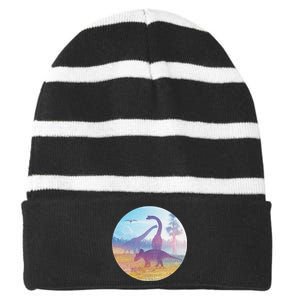 Dinosaur Landscape Striped Beanie with Solid Band