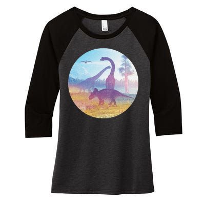 Dinosaur Landscape Women's Tri-Blend 3/4-Sleeve Raglan Shirt