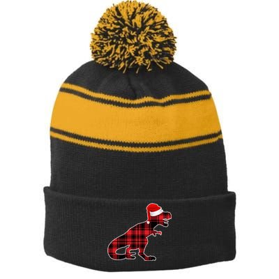 Dinosaur Santa Plaid Stripe Pom Pom Beanie