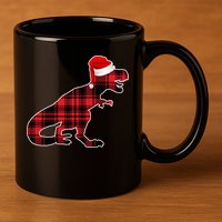 Dinosaur Santa Plaid 11oz C Handle Ceramic Mug
