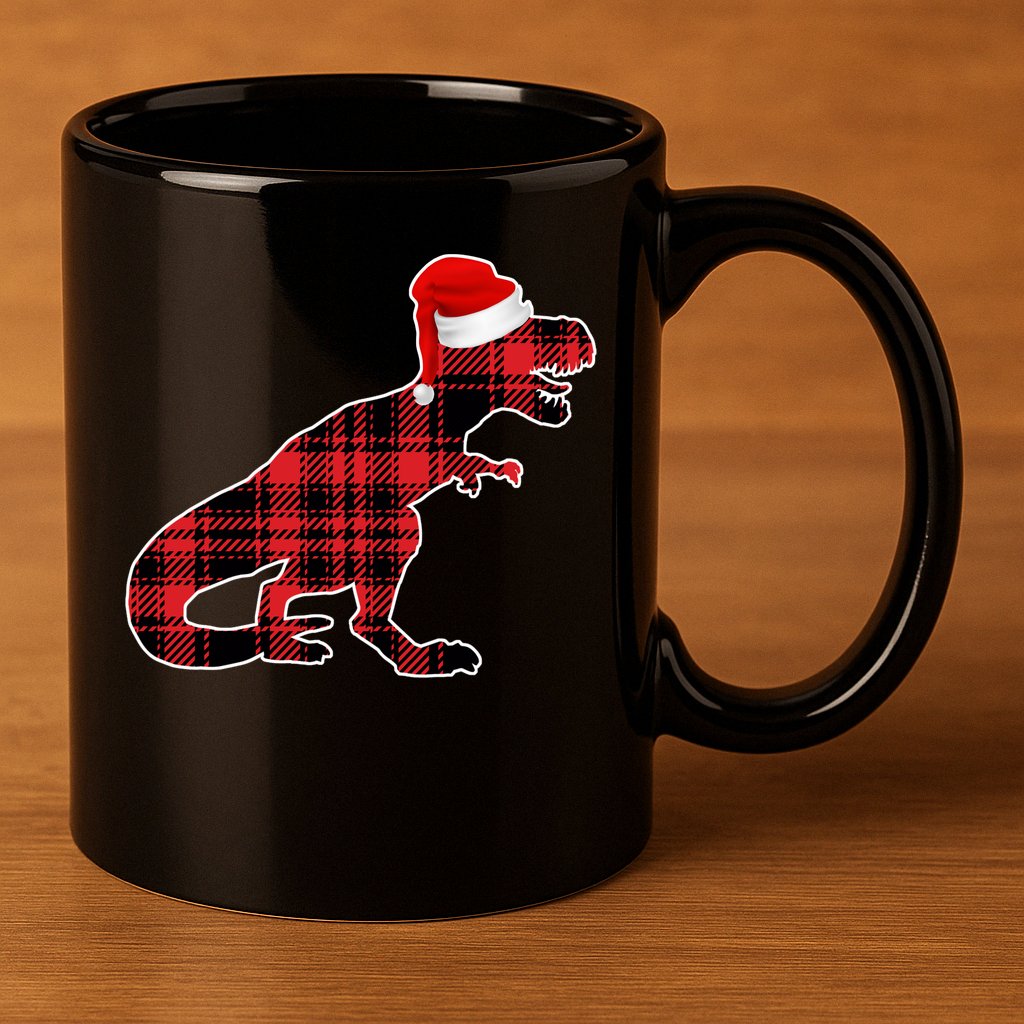 Dinosaur Santa Plaid 11oz C Handle Ceramic Mug