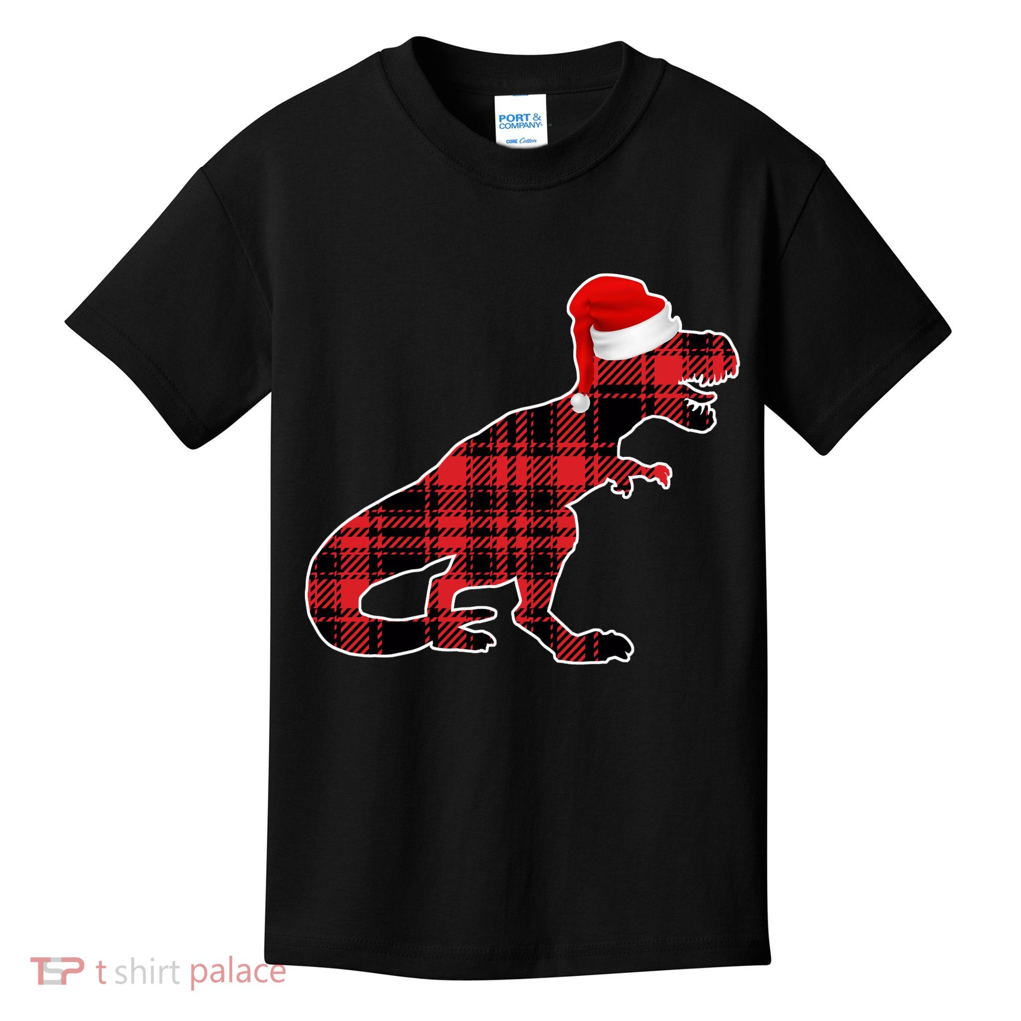 Dinosaur Santa Plaid Kids T-Shirt