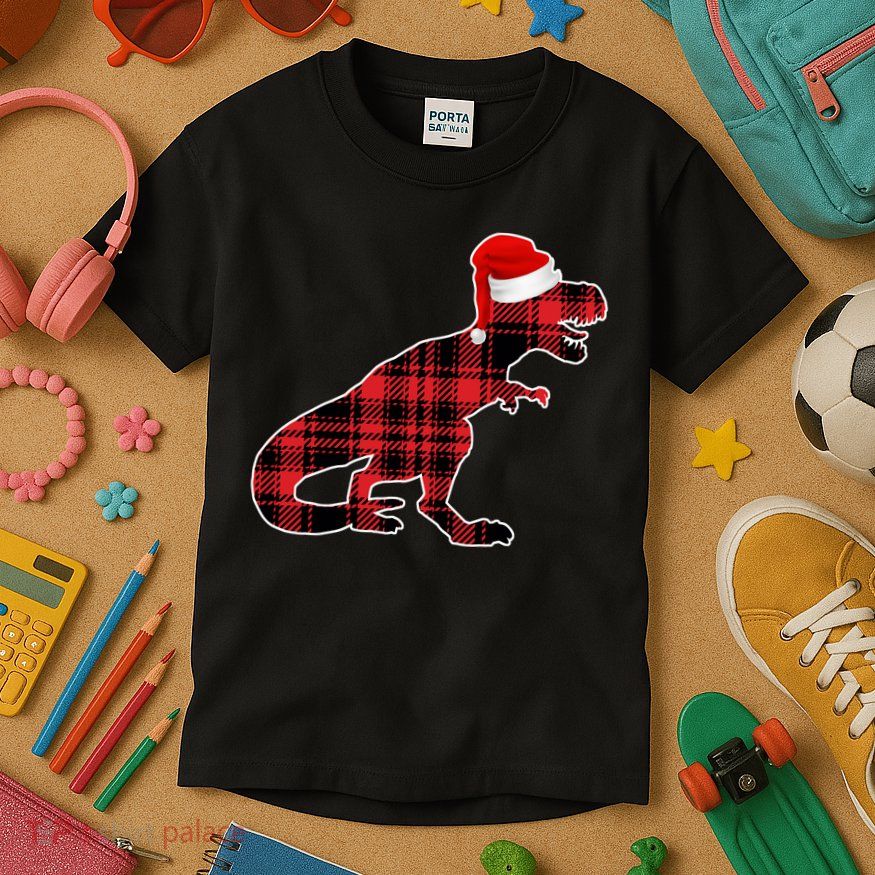 Dinosaur Santa Plaid Kids T-Shirt