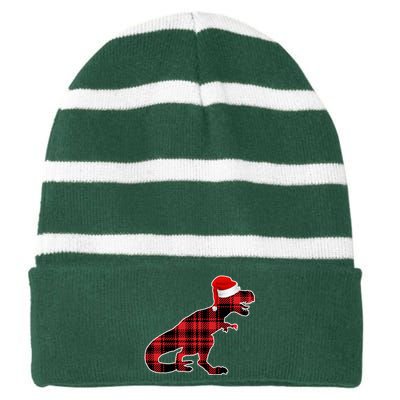 Dinosaur Santa Plaid Striped Beanie with Solid Band