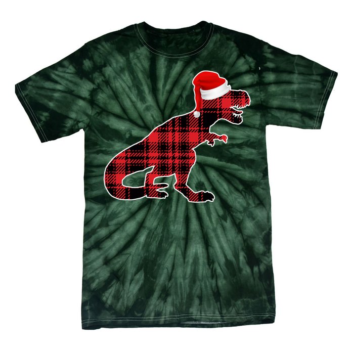 Dinosaur Santa Plaid Tie-Dye T-Shirt