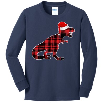 Dinosaur Santa Plaid Kids Long Sleeve Shirt