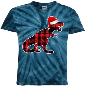 Dinosaur Santa Plaid Kids Tie-Dye T-Shirt