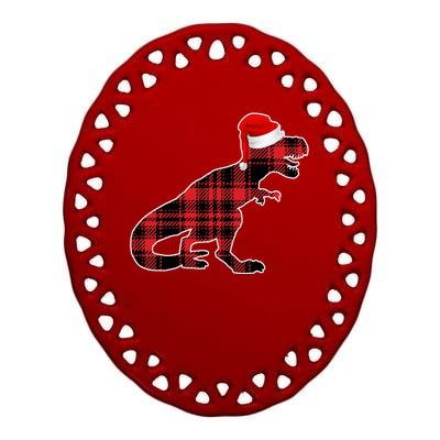 Dinosaur Santa Plaid Ceramic Oval Ornament