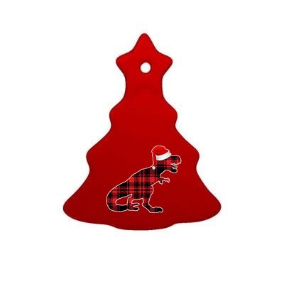 Dinosaur Santa Plaid Ceramic Tree Ornament