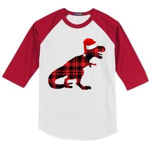 Dinosaur Santa Plaid Kids Colorblock Raglan Jersey