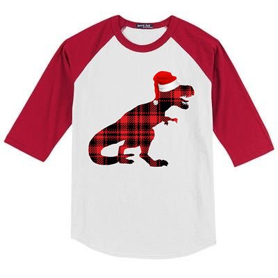 Dinosaur Santa Plaid Kids Colorblock Raglan Jersey