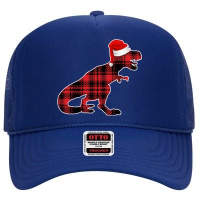 Dinosaur Santa Plaid High Crown Mesh Back Trucker Hat