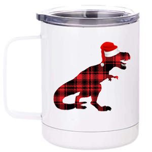 Dinosaur Santa Plaid 12 oz Stainless Steel Tumbler Cup