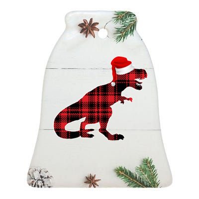 Dinosaur Santa Plaid Ceramic Bell Ornament