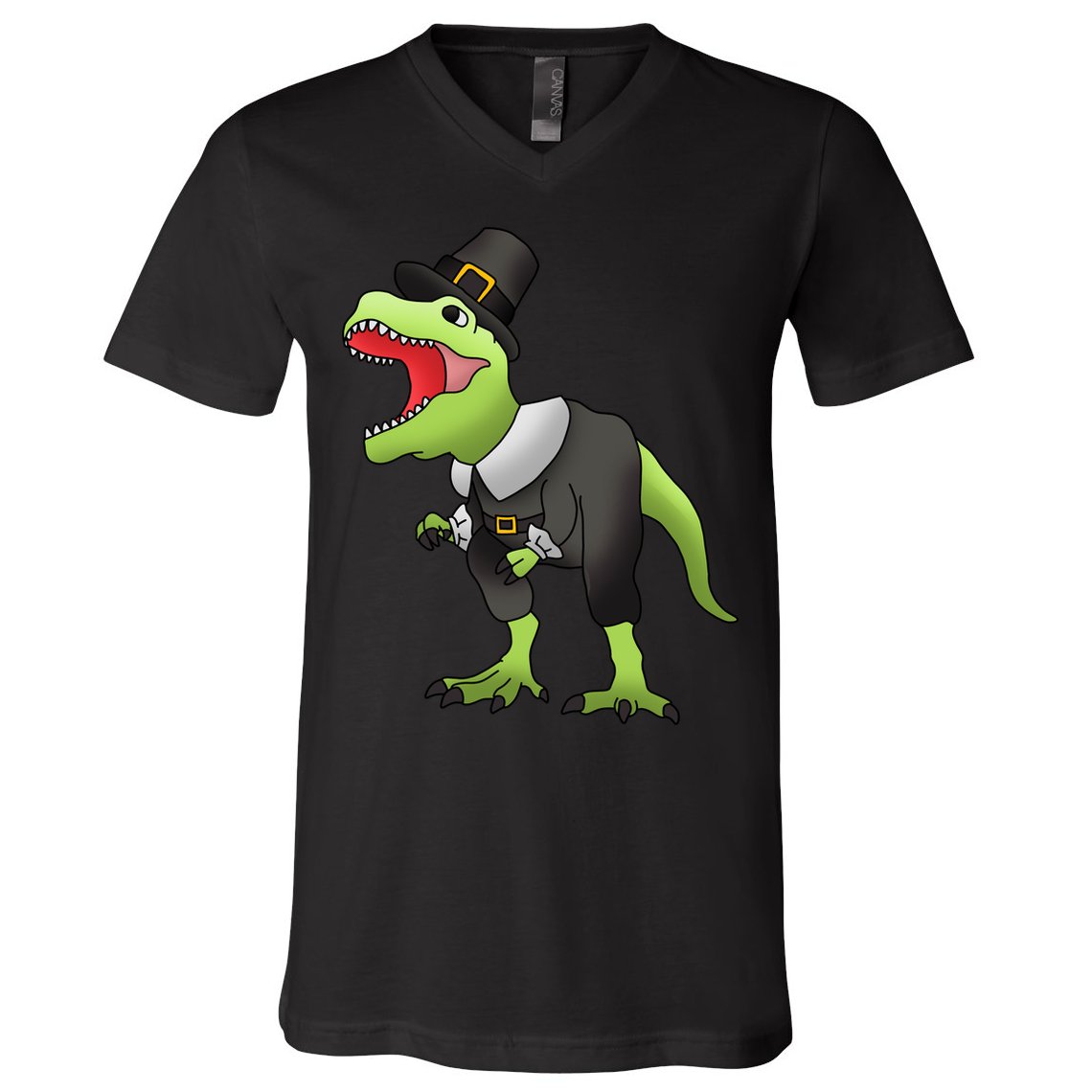 Dinosaur Thanksgiving Pilgrim V-Neck T-Shirt