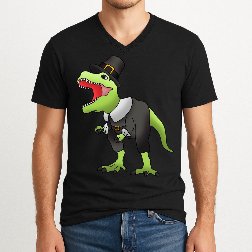 Dinosaur Thanksgiving Pilgrim V-Neck T-Shirt