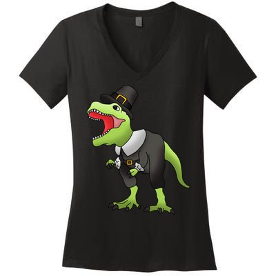 Dinosaur Thanksgiving Pilgrim Women's V-Neck T-Shirt
