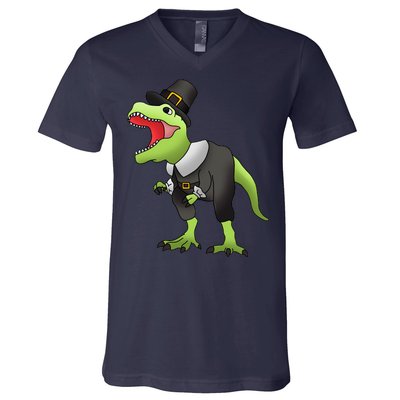 Dinosaur Thanksgiving Pilgrim V-Neck T-Shirt