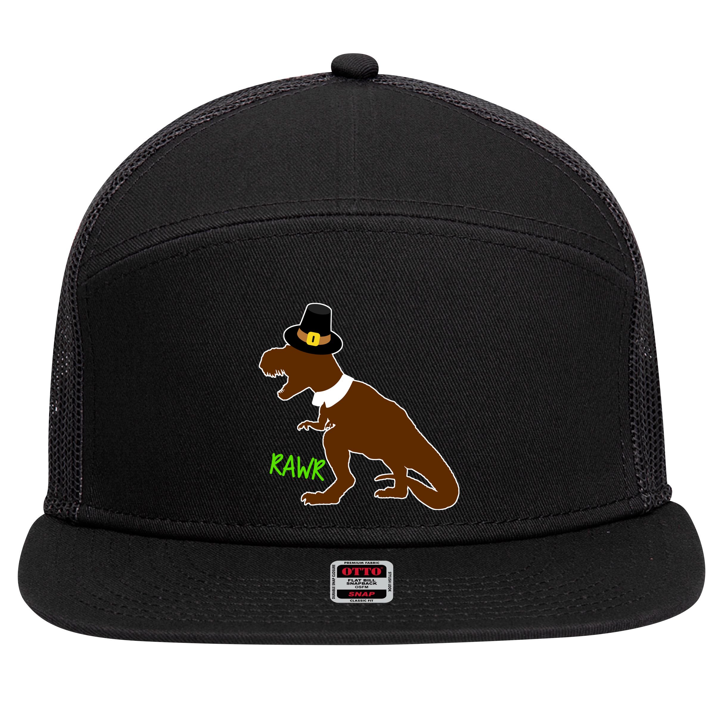 Dinosaur Thanksgiving T-Rex Pilgrim 7 Panel Mesh Trucker Snapback Hat