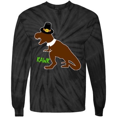 Dinosaur Thanksgiving T-Rex Pilgrim Tie-Dye Long Sleeve Shirt