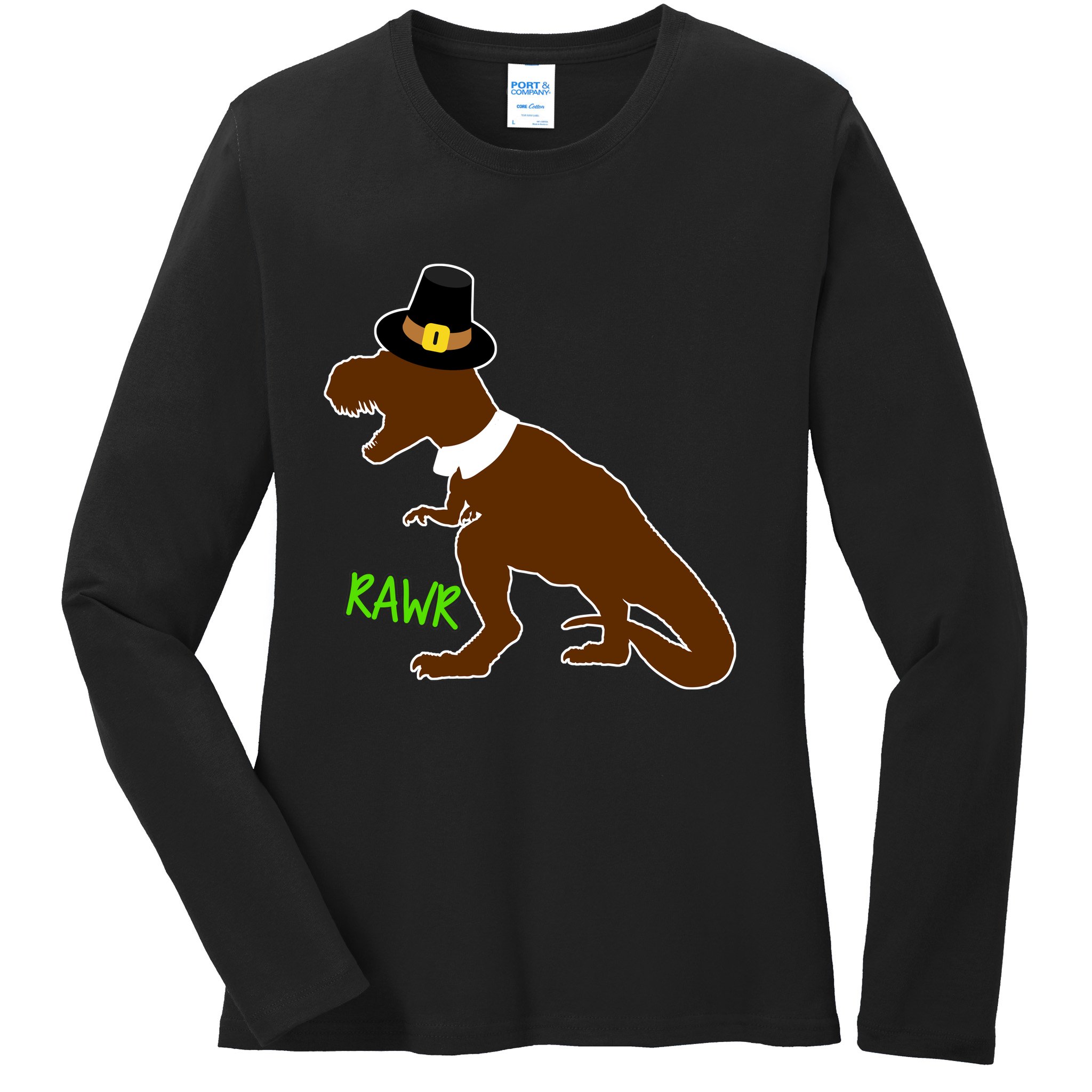 Dinosaur Thanksgiving T-Rex Pilgrim Ladies Long Sleeve Shirt