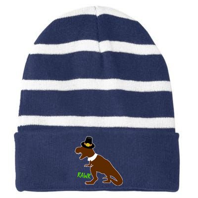 Dinosaur Thanksgiving T-Rex Pilgrim Striped Beanie with Solid Band