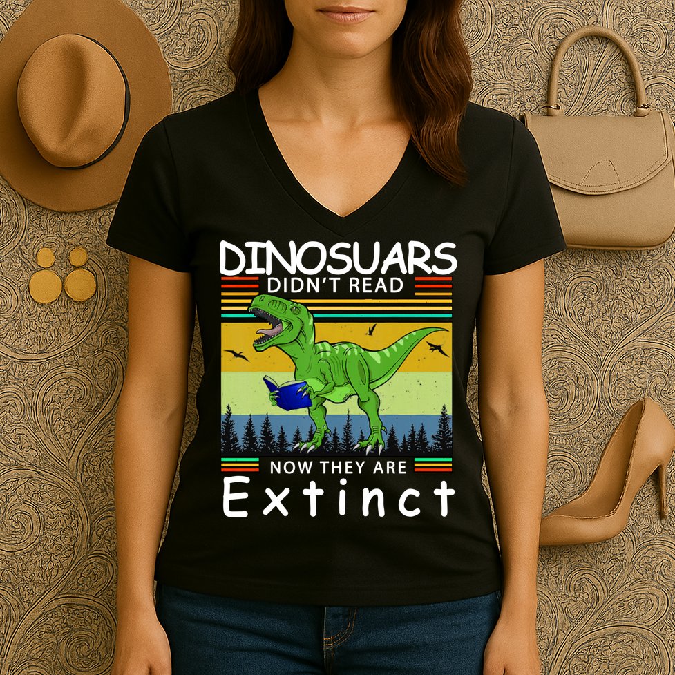 Dinosaurs Didn't Read Now They Are Extinct Funny Women's V-Neck T-Shirt