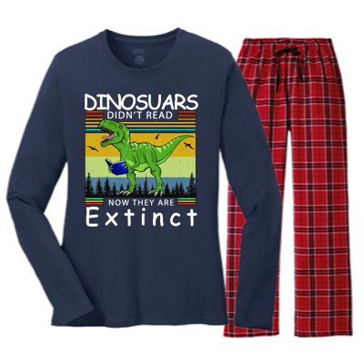 Dinosaurs Didn't Read Now They Are Extinct Funny Women's Long Sleeve Flannel Pajama Set 